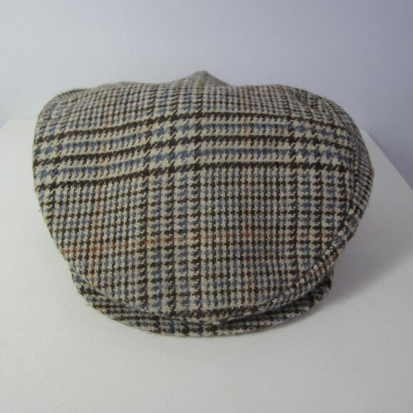 Vtg Adult M Ivory Blue Brown Wool Plaid Houndstooth Cap Newsboy Hat Lined 22" - Picture 2 of 7